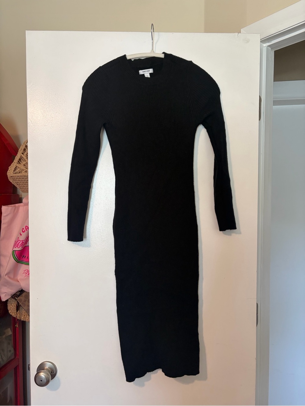 Nine West Black Ribbed Long-Sleeve Midi Dress